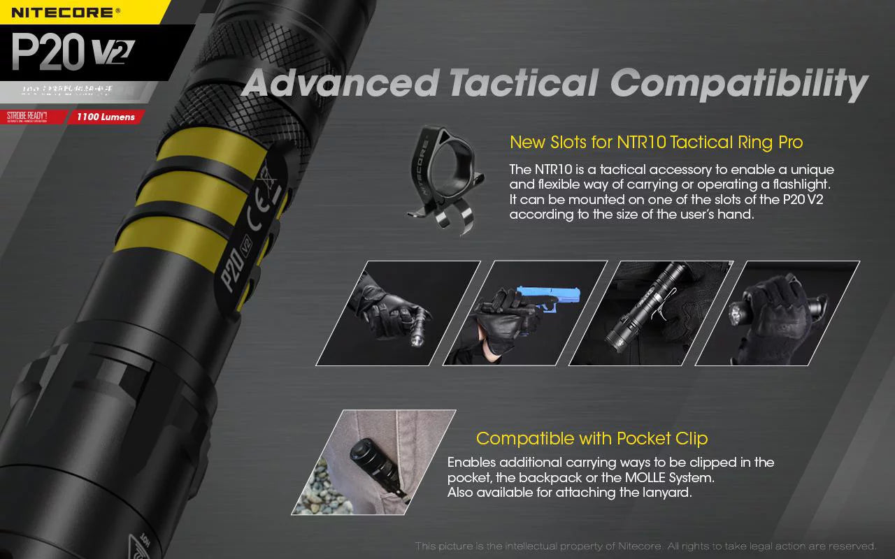 Combo: nitecore p20 v2 tactical led flashlight - cree xp-l2 v6 - 1100 lumens w/nl183 battery, d2 charger +2x free eco-sensa cr123a batteries