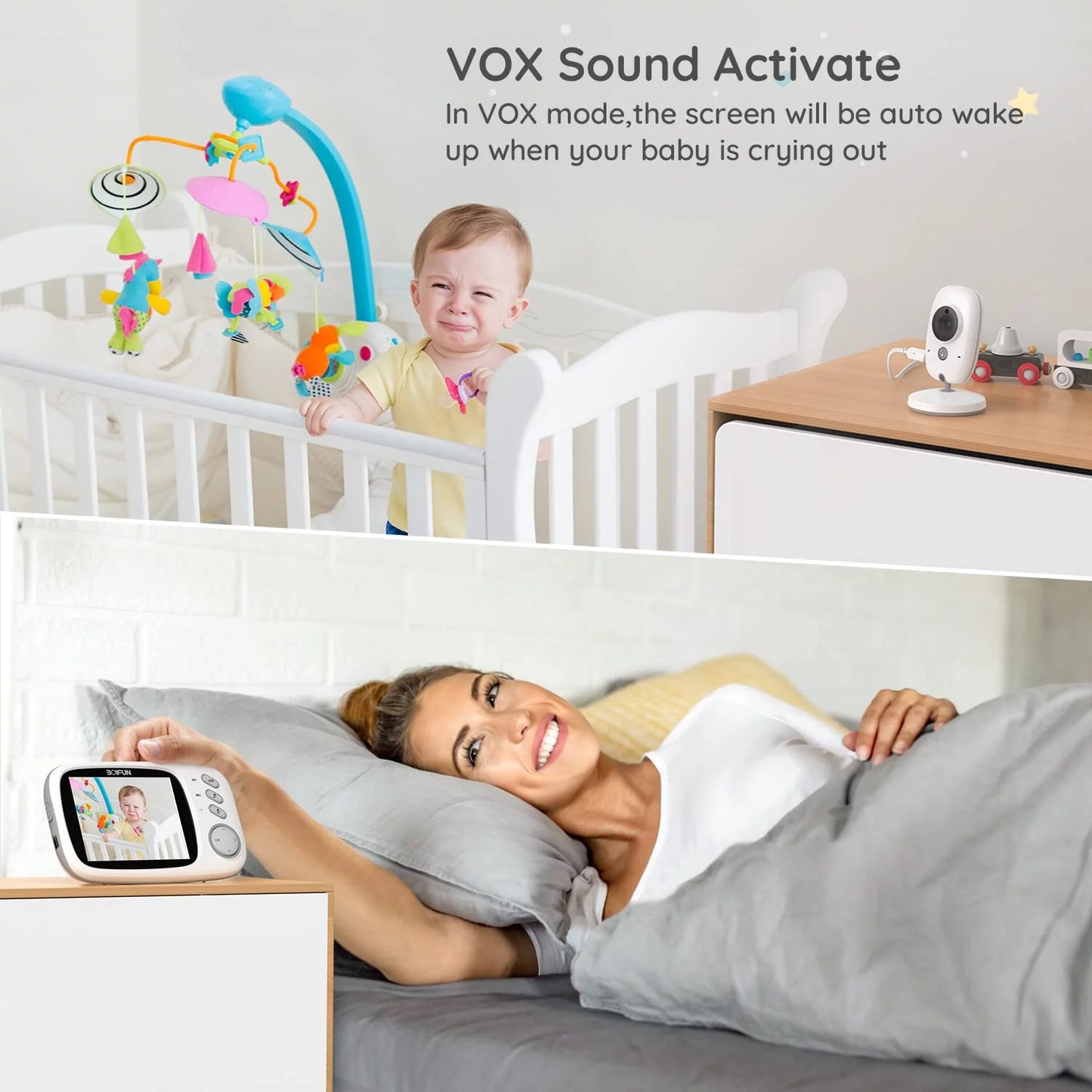 Boifun baby monitor with camera and audio, no wifi, vox mode, night vision, 3.2'' hd screen, two-way audio, baby camera