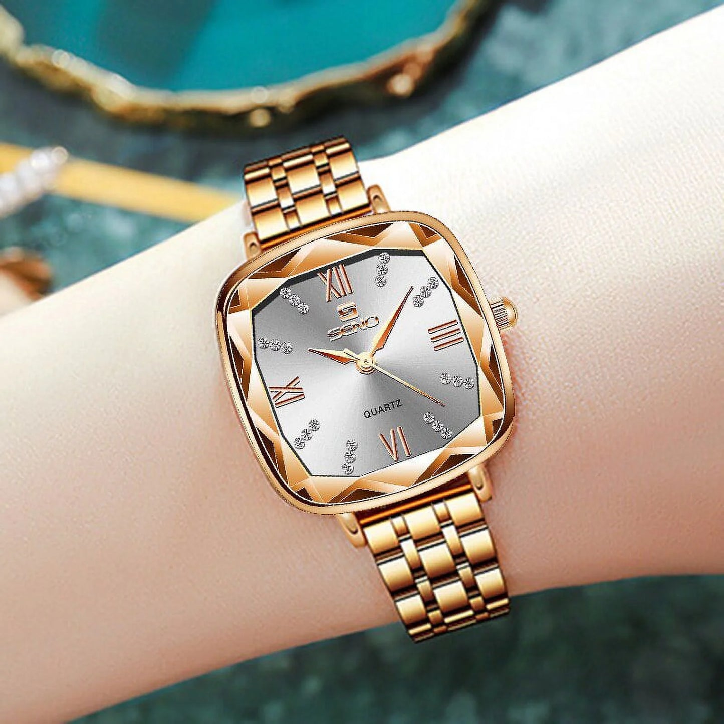 Women wrist watch 2022 square rose gold ladies watch for female clock stainless steel women watches top brand luxury rhinestone