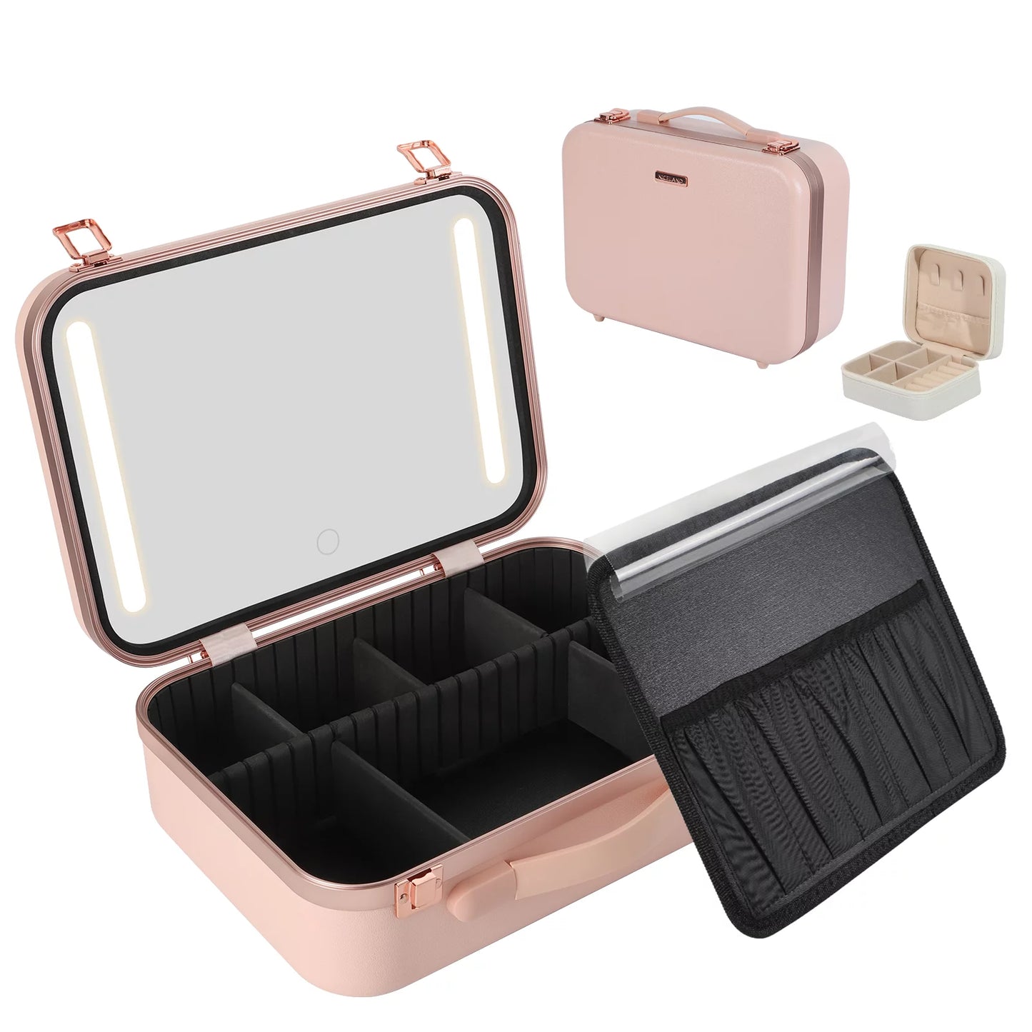 Zxmt 15" pink makeup train case with mirror & light & jewelry organizer cosmetic case box with brushes board