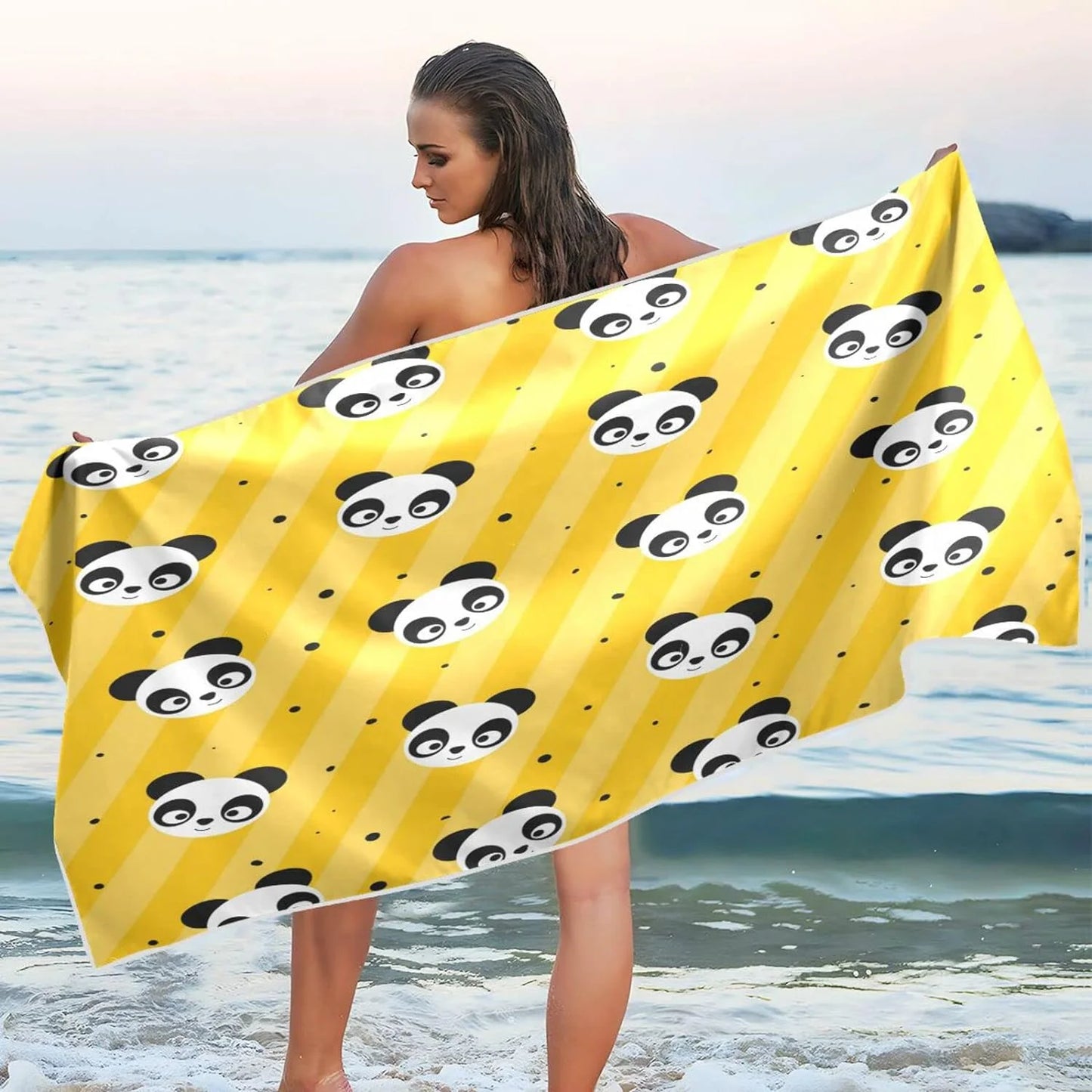 Bestwell yellow polka dot panda beach towel oversized towel blanket, thin lightweight microfiber sand free quick dry towel, 31”x71” multipurpose pool bath yoga swim shower towel