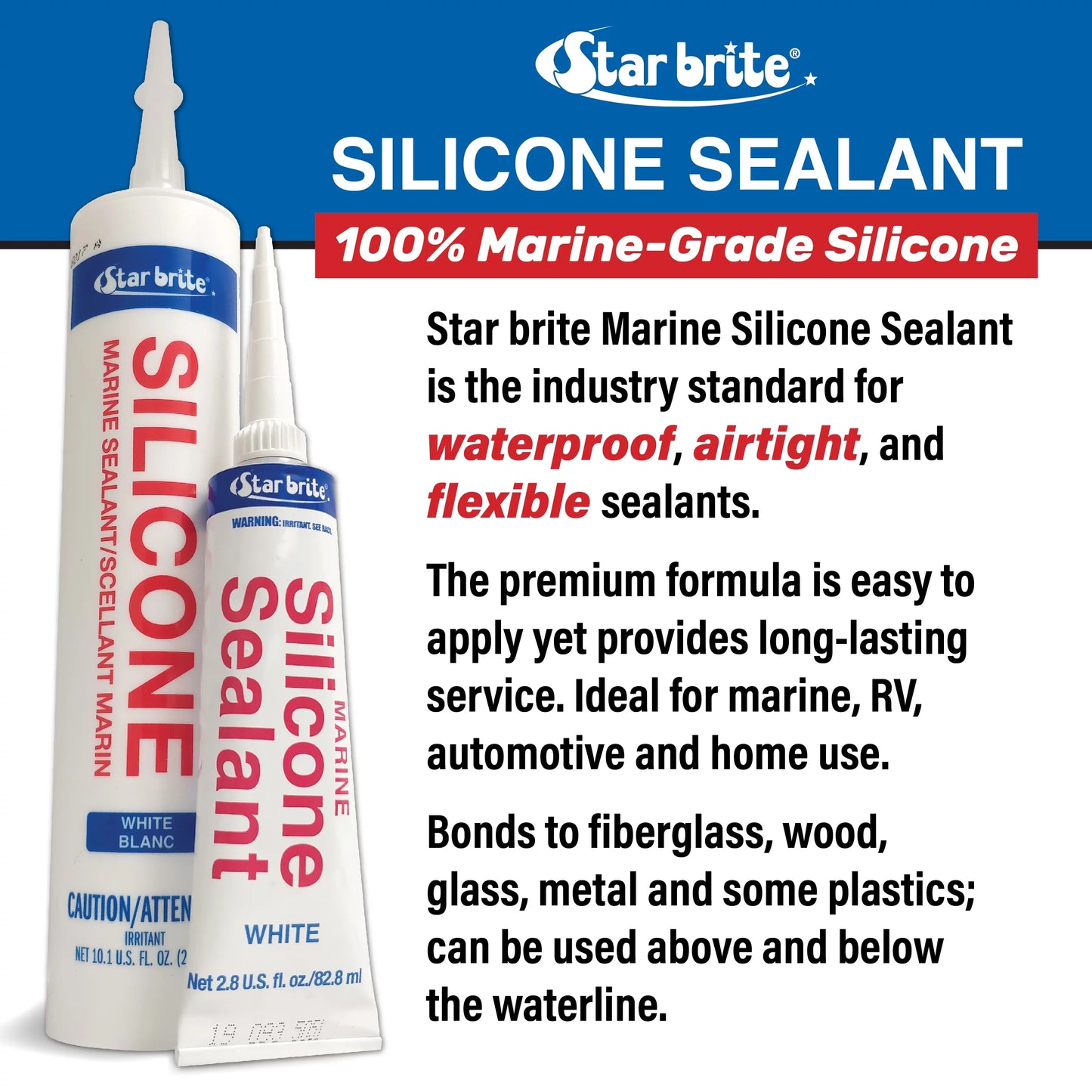 Star brite marine silicone sealant - clear, 10.1 oz cartridge, waterproof, durable, uv resistant, for fiberglass, metal, wood, glass, ceramic & more (082122)