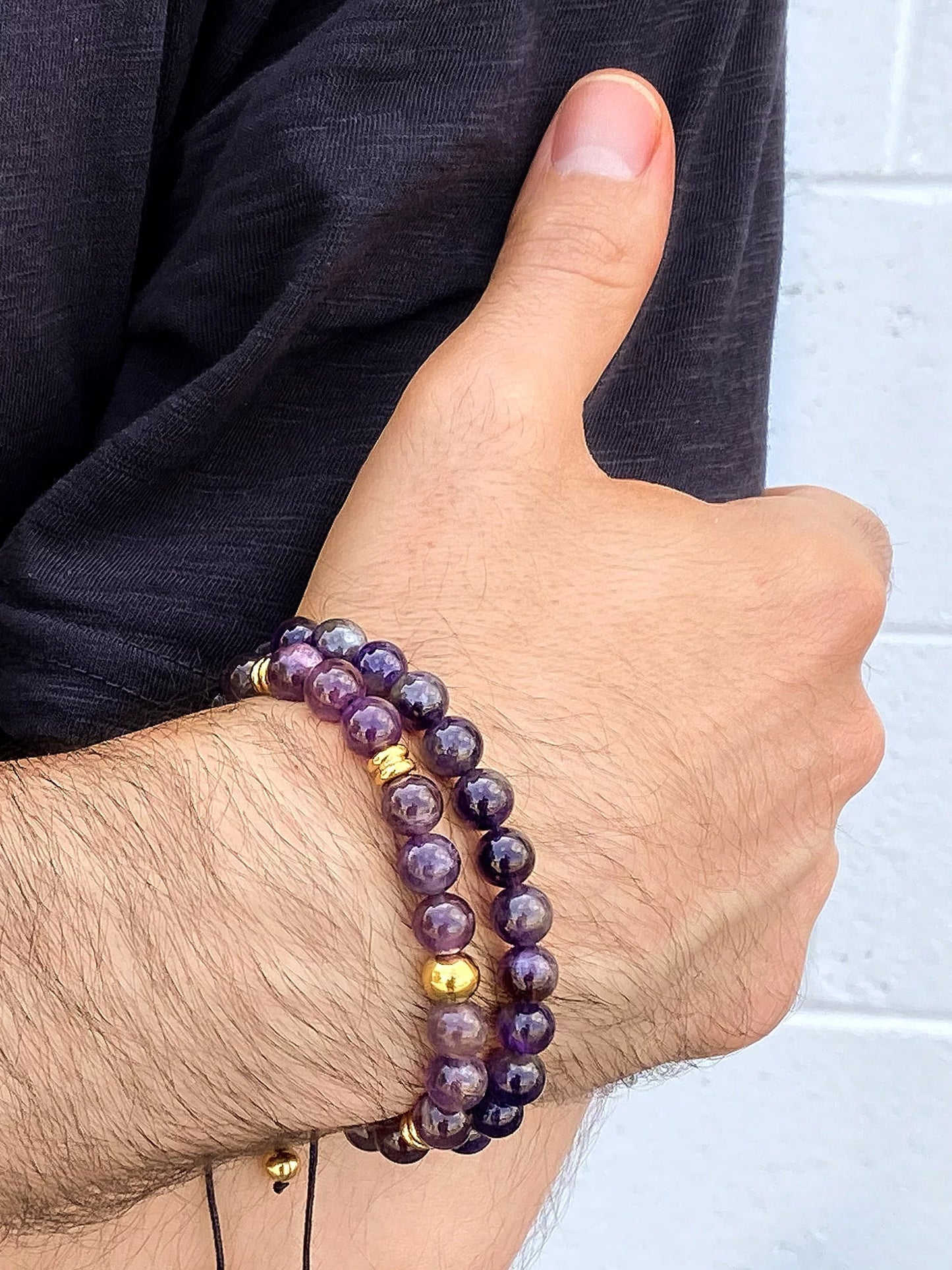 Coastal jewelry men's amethyst stone and gold plated stainless steel beaded adjustable bracelet (8mm)