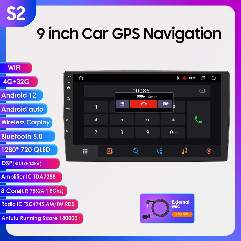 2s series 9" 4+32gb touchscreen android 12 octa core qled 1280*720 car gps navigation stereo carplay