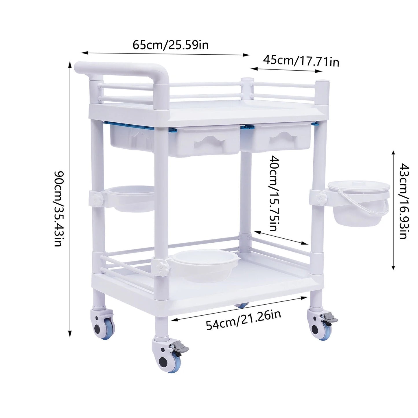 2 tier rolling beauty spa trolley cart, mobile utility cart trolley spacious spa beauty salon rolling trolley with 360°rotate wheels for hospital dental clinic beauty salon