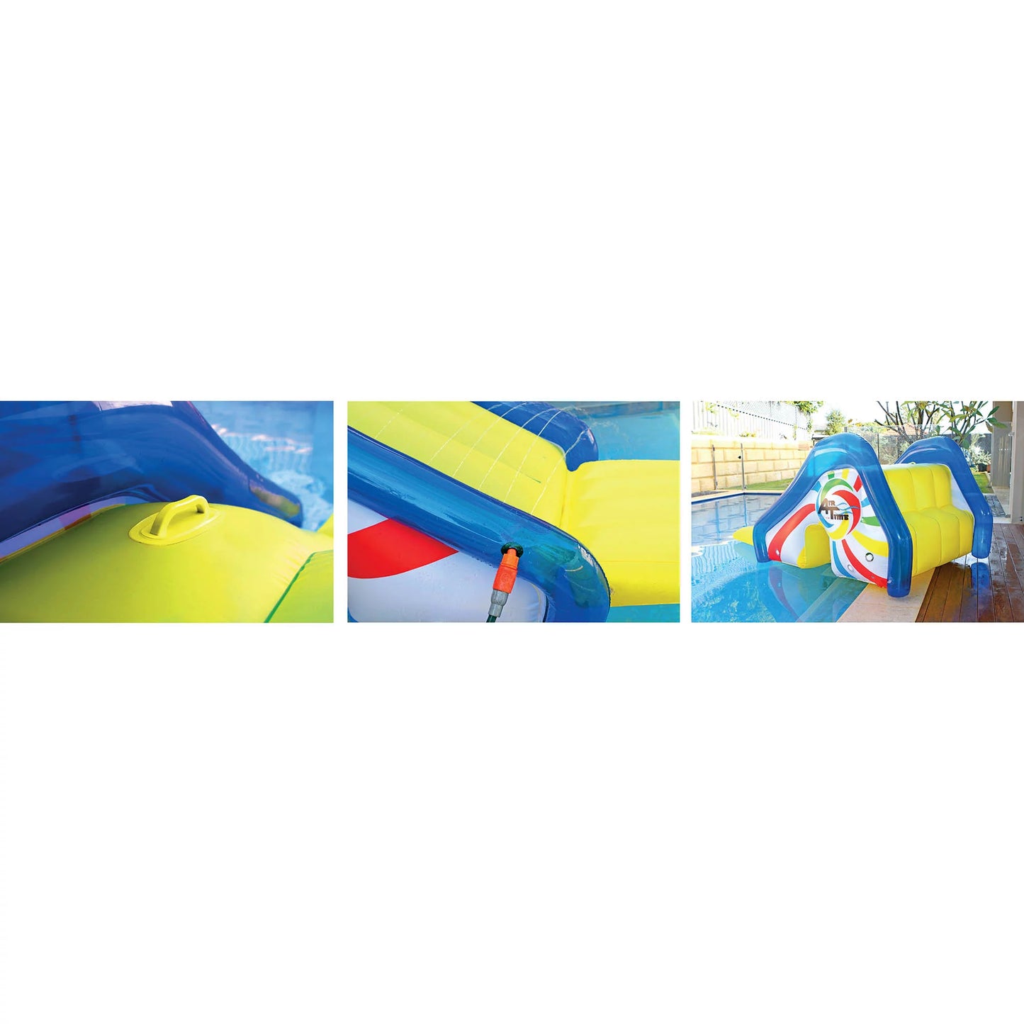 Northlight yellow and blue pool side slide with an attached sprayer, 98-inches