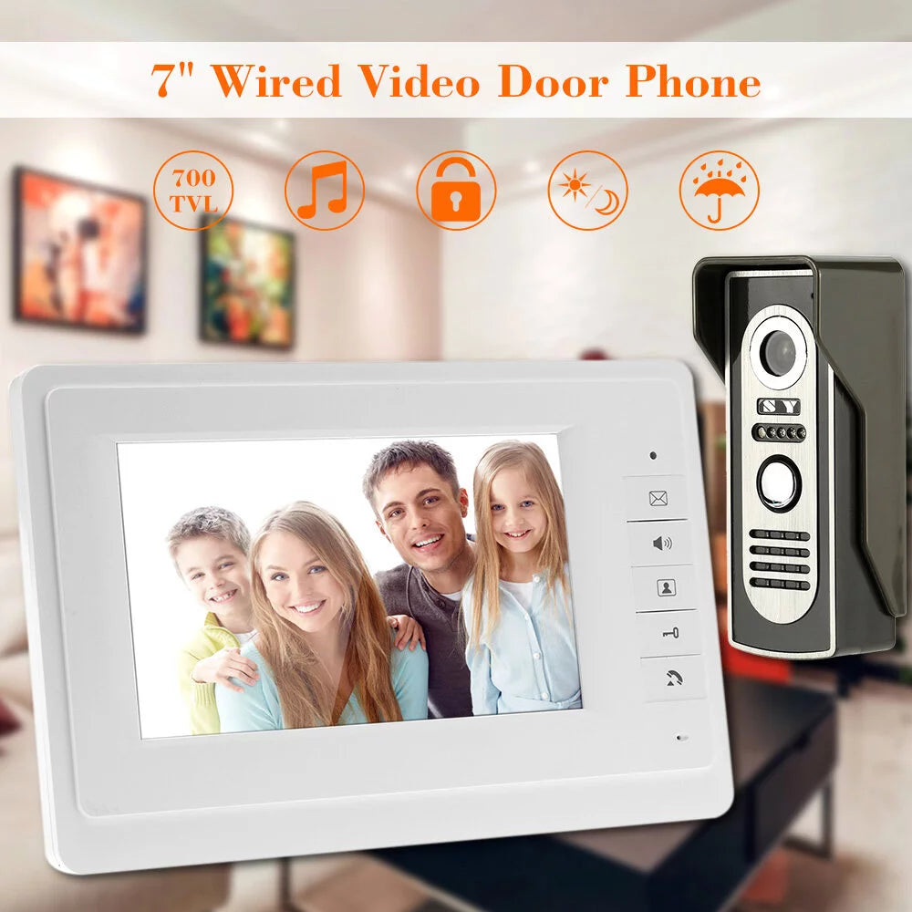 7” wired video door phone system visual doorbell with indoor monitor and outdoor camera support unlock infrared night view rainproof for home