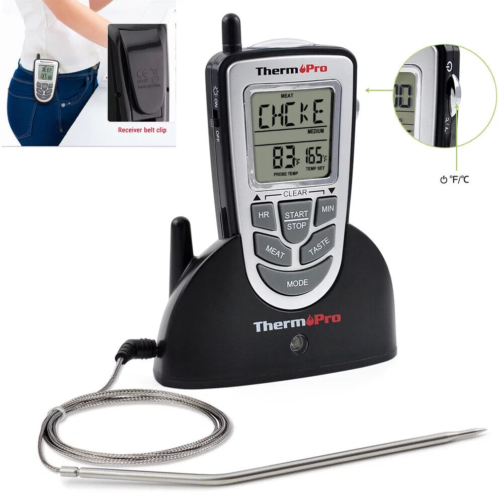 Wireless remote thermometer probe bbq grill meat kitchen oven food cooking smoke, thermopro, lcd