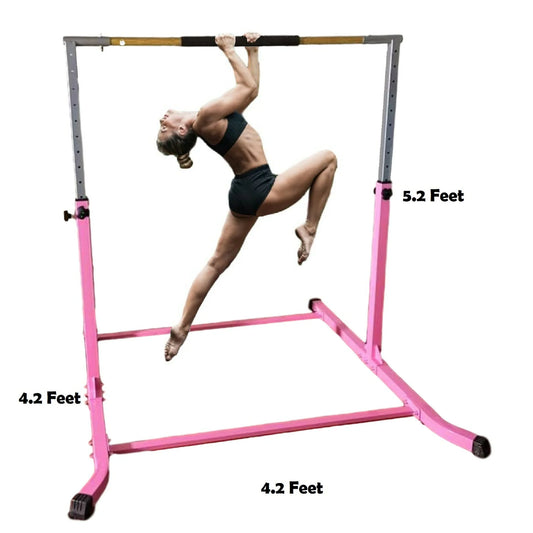 Pro-gymnastics pink adjustable junior kip bar - heavy duty, cushioned hand bar, height up to 5 ft - fitness training for kids