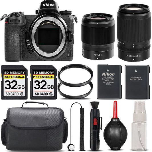 Nikon z6 mirrorless with 50-250mm f/4.5-6.3 vr lens + 35mm f/1.8 s lens + 64gb storage + uv filter + backup battery + case + cleaning kit - international version