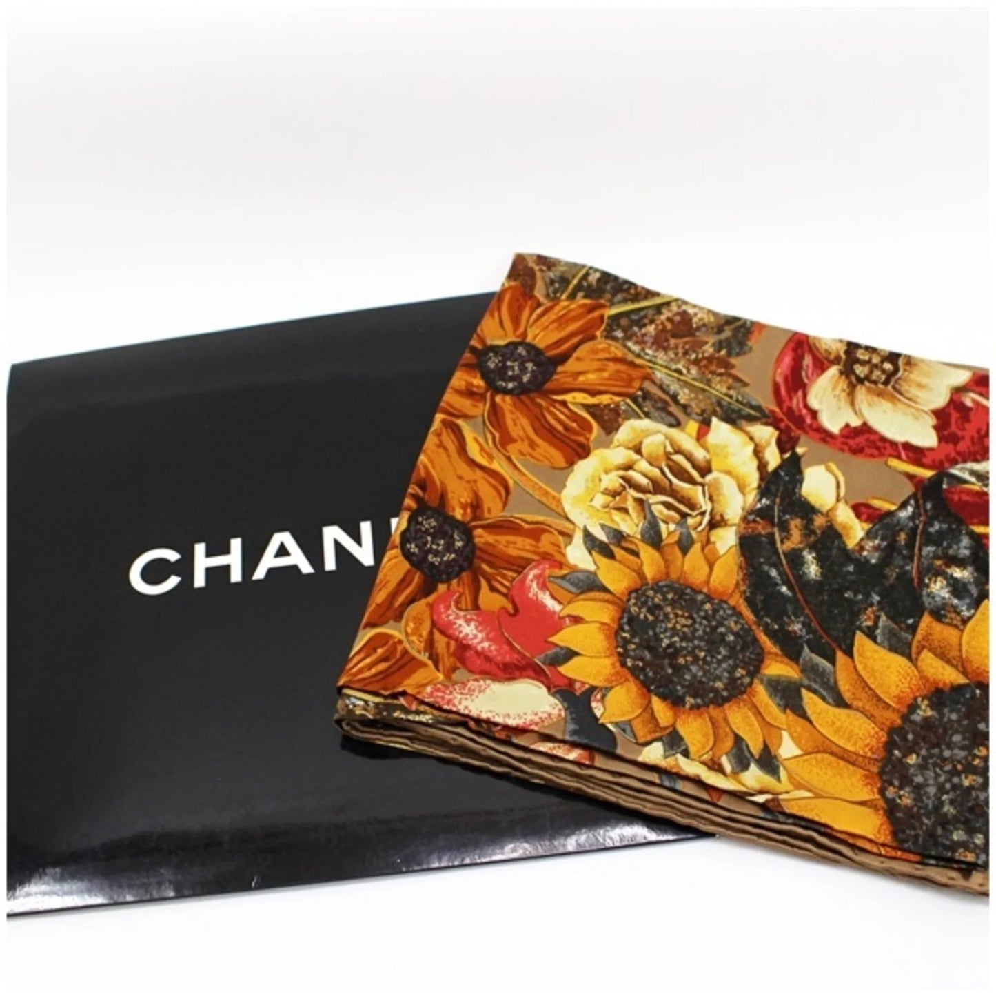 Pre-owned chanel silk scarf muffler coco mark sunflower. bird. brown chanel ladies (new)