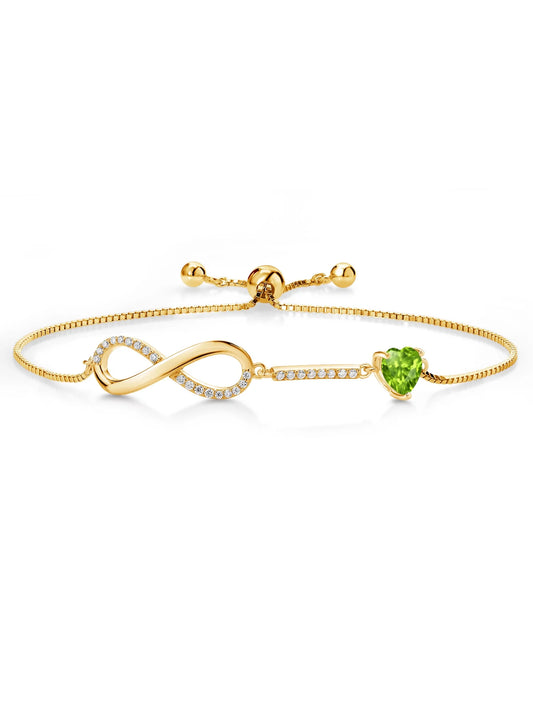 Gem stone king 18k yellow gold plated silver infinity bracelet for women with heart peridot and moissanite (0.90 cttw, box chain fully adjustable up to 9 inch)