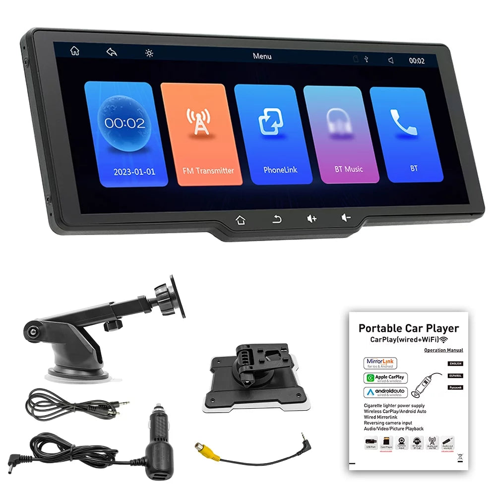 Andoer multimedia player with portable wireless carplay, car camera auto camcorder, and car rearview camera