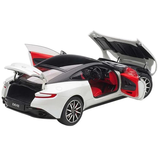 Aston martin db11 morning frost white metallic with black top and red interior 1/18 model car by autoart