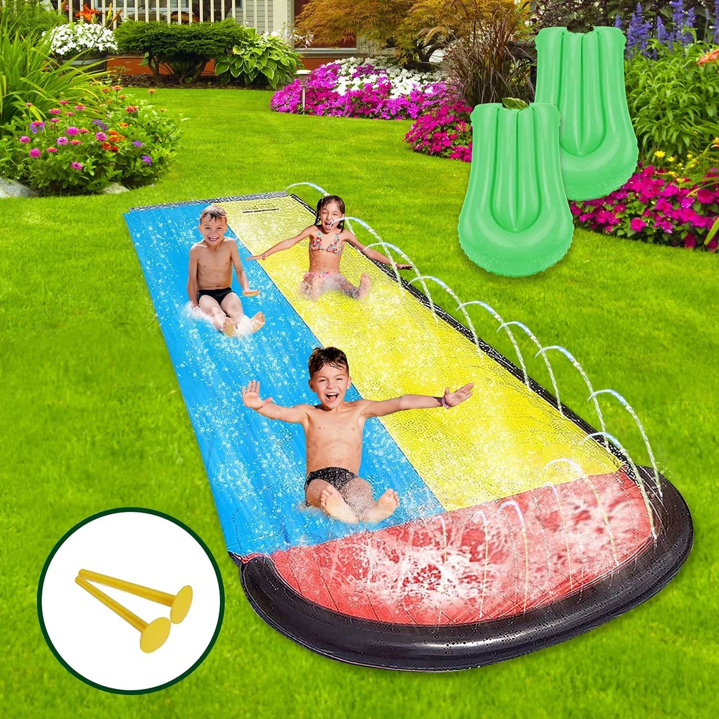 Gazely 15.5ft inflatable water slide game toy with sprinkler holes and crash pad