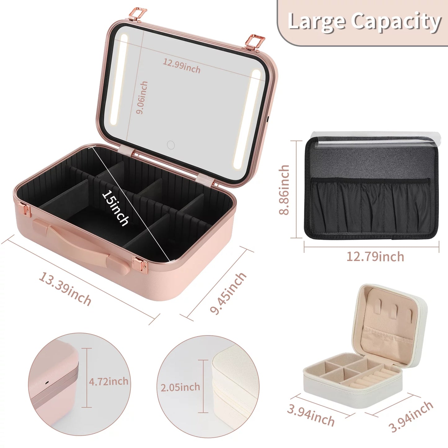 Zxmt 15" pink makeup train case with mirror & light & jewelry organizer cosmetic case box with brushes board