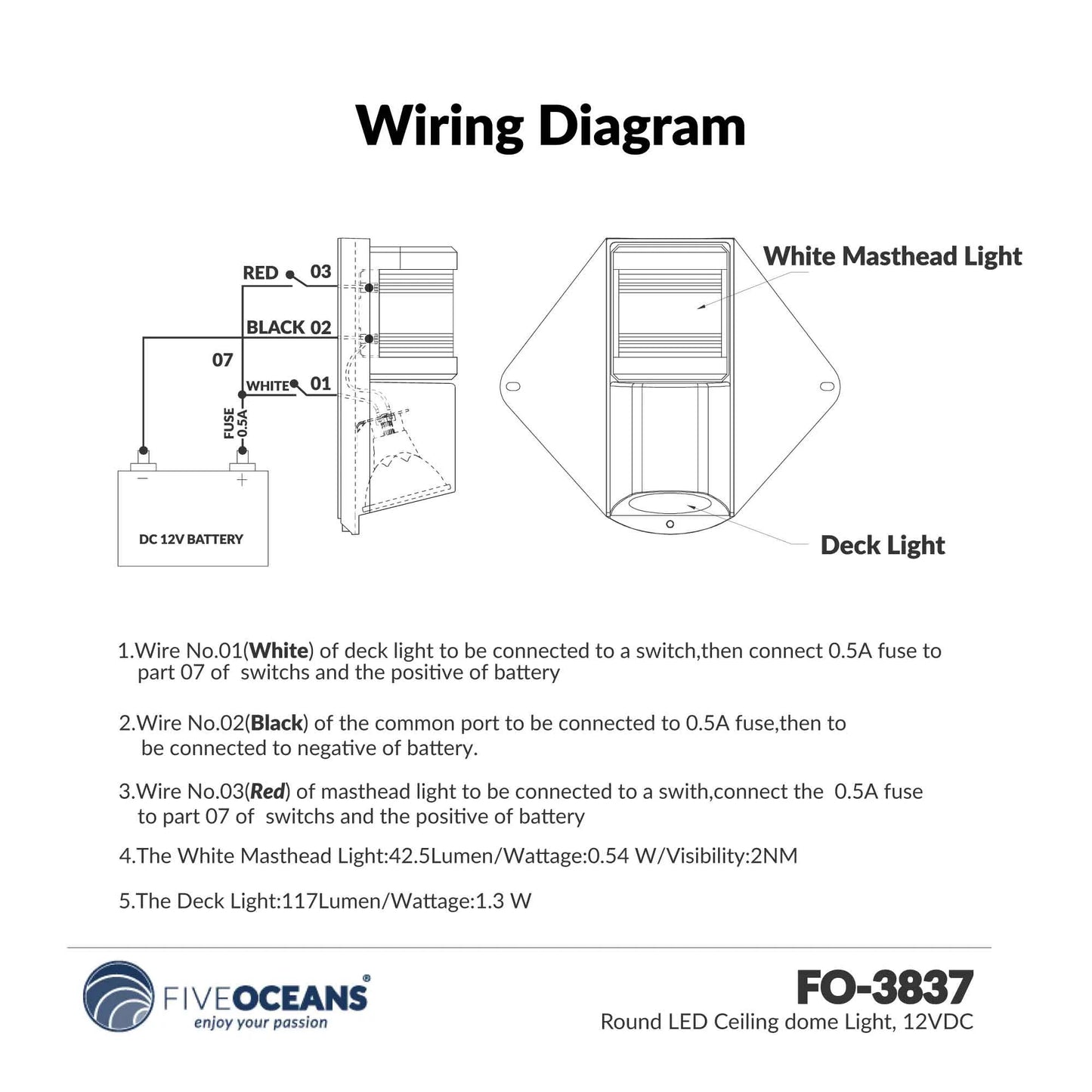 Five oceans combination masthead and deck light, led masthead deck spreader light, 12v, vertical mount for sailboat - fo3837