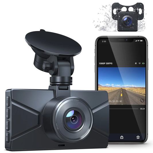 Dash cam 1080p full hd front and rear 3 inch car cam 170°wide angle screen, black