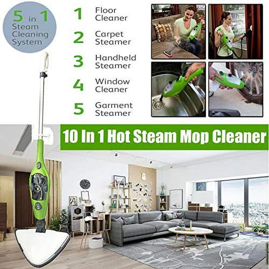 Multi-function steam mop 10 in 1, fast 20 sec heating up, stream clearner suitable for all types of carpet/floor, 300 ml, 1500 w, 3.5m wire, white/green