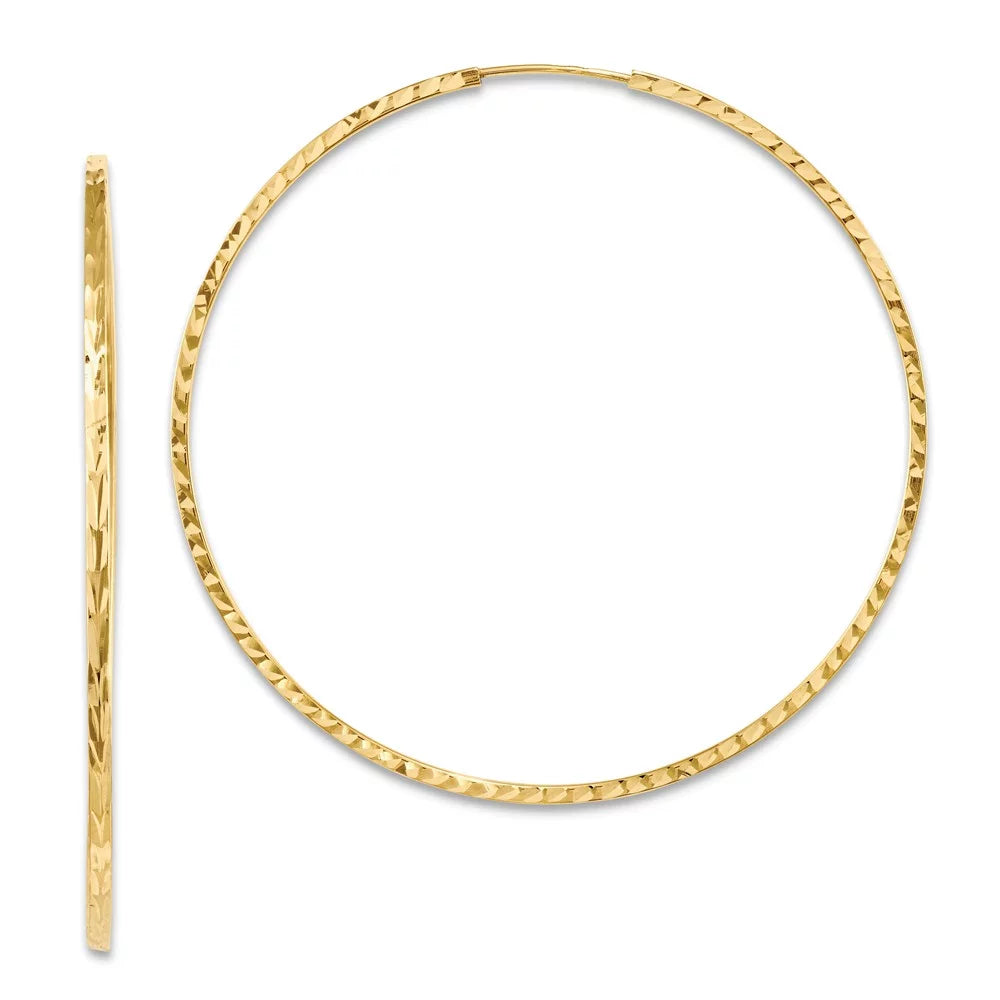 Real 14kt yellow gold diamond-cut princess square tube endless hoop earrings; for adults and teens; for women and men