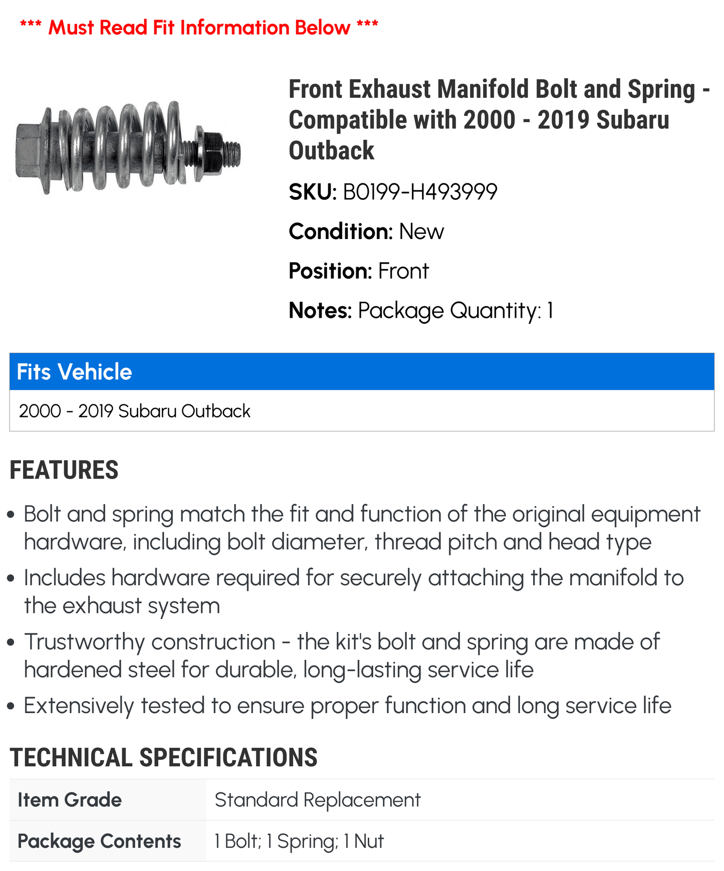 Front exhaust manifold bolt and spring - compatible with 2000 - 2019 subaru outback 2001 2002 2003 2004 2005 2006 2007 2008 2009 2010 2011 2012 2013 2014 2015 2016 2017 2018