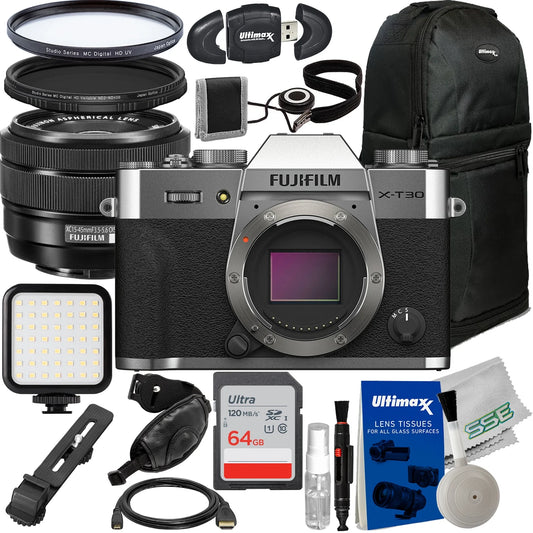 Ultimaxx starter fujifilm x-t30 ii mirrorless camera with 15-45mm lens bundle (silver) - includes: 64gb ultra memory card, variable neutral density filter & more (23pc bundle)