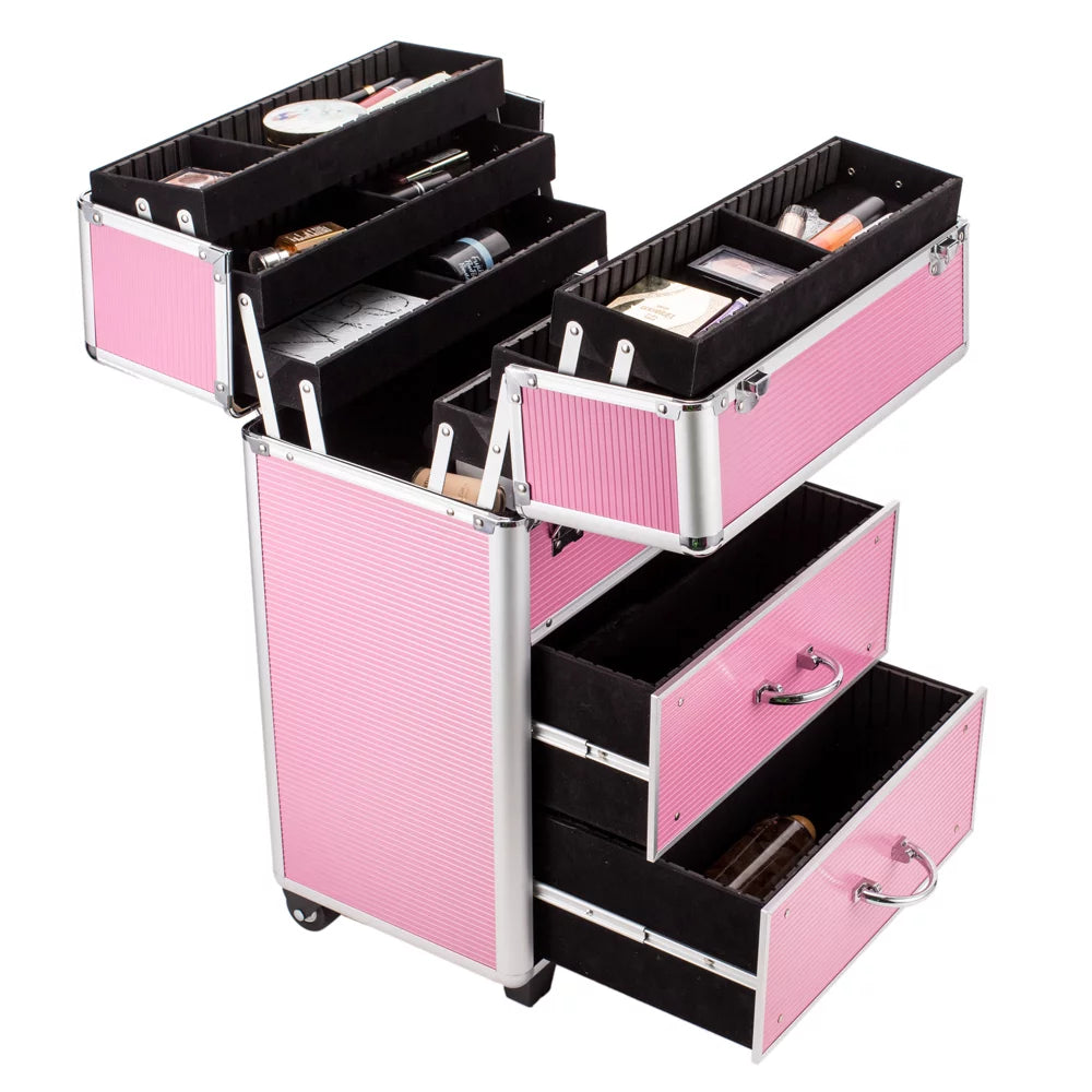 4 tier lockable rolling cosmetic makeup train cases, pink wheels rolling cosmetic case for women, cosmetic organizer makeup case with extendable trays, wrwq852