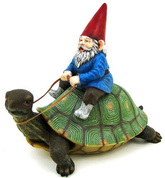 Private label large garden gnome riding turtle statue patio pool