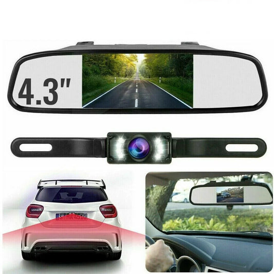 Car backup camera kit 4.3" mirror monitor waterproof license plate vehicle rear view camera with 7 led ir night vision