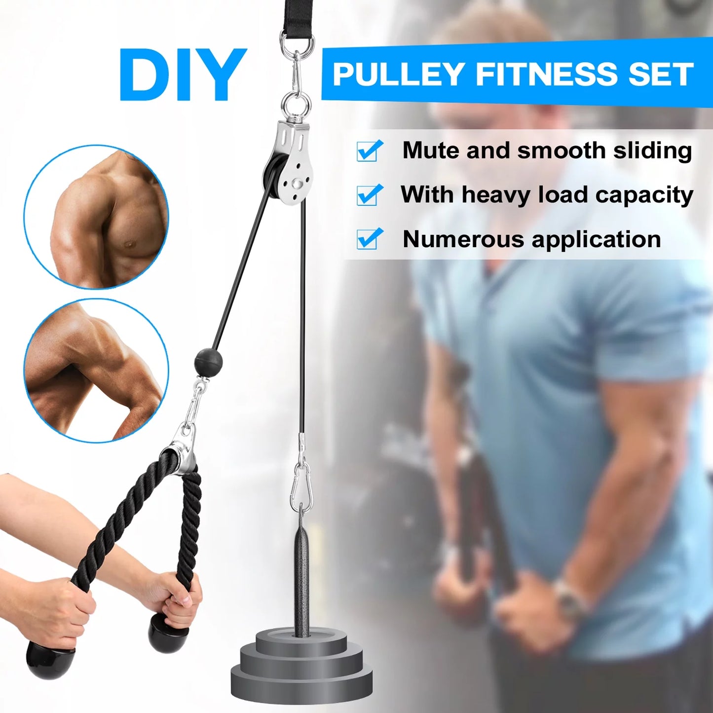 Fitness diy pulley cable machine attachment system loading pin lifting arm biceps triceps blaster hand strength training equipment