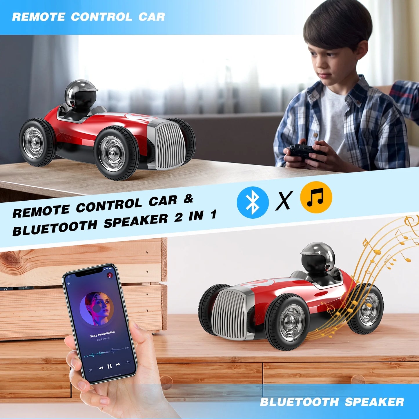 Auoshi remote control car with 2.4ghz wireless bluetooth speaker 2 speed mode fast rc car for kids rc trucks music rc stunt car toys for boys girls gifts, red