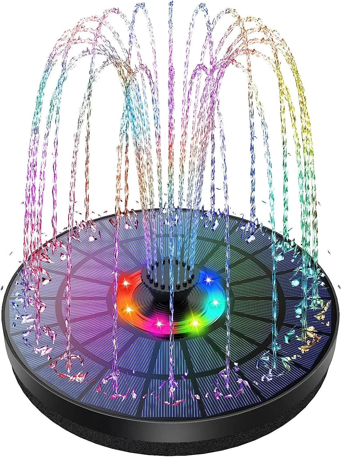 Aisitin 5.5w led solar fountain pump with color led light, new upgrade 7 nozzles solar bird bath fountains in 2022, suitable for outdoor, garden, pond, fish tank, bird bath, swimming pool