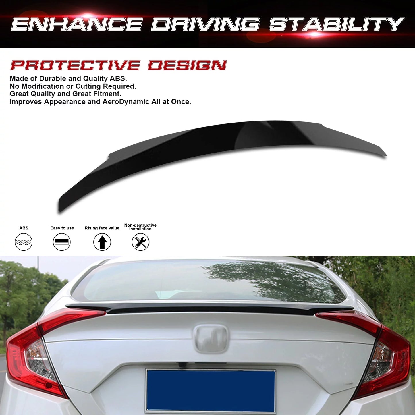 Xotic tech 4dr jdm style glossy black rear trunk lip wing spoiler compatible with honda civic 2016-2021 10th gen