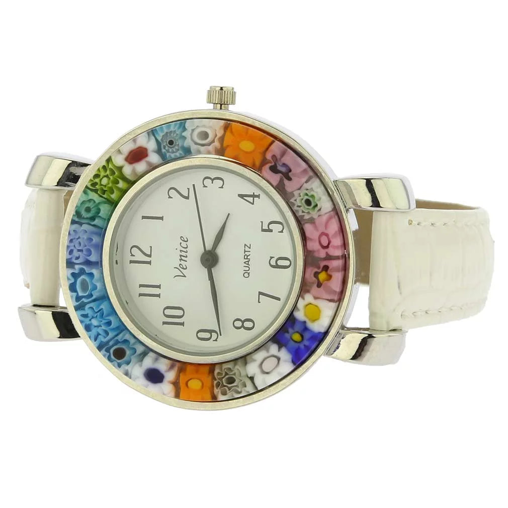 Glassofvenice serena murano millefiori watch with leather band - white