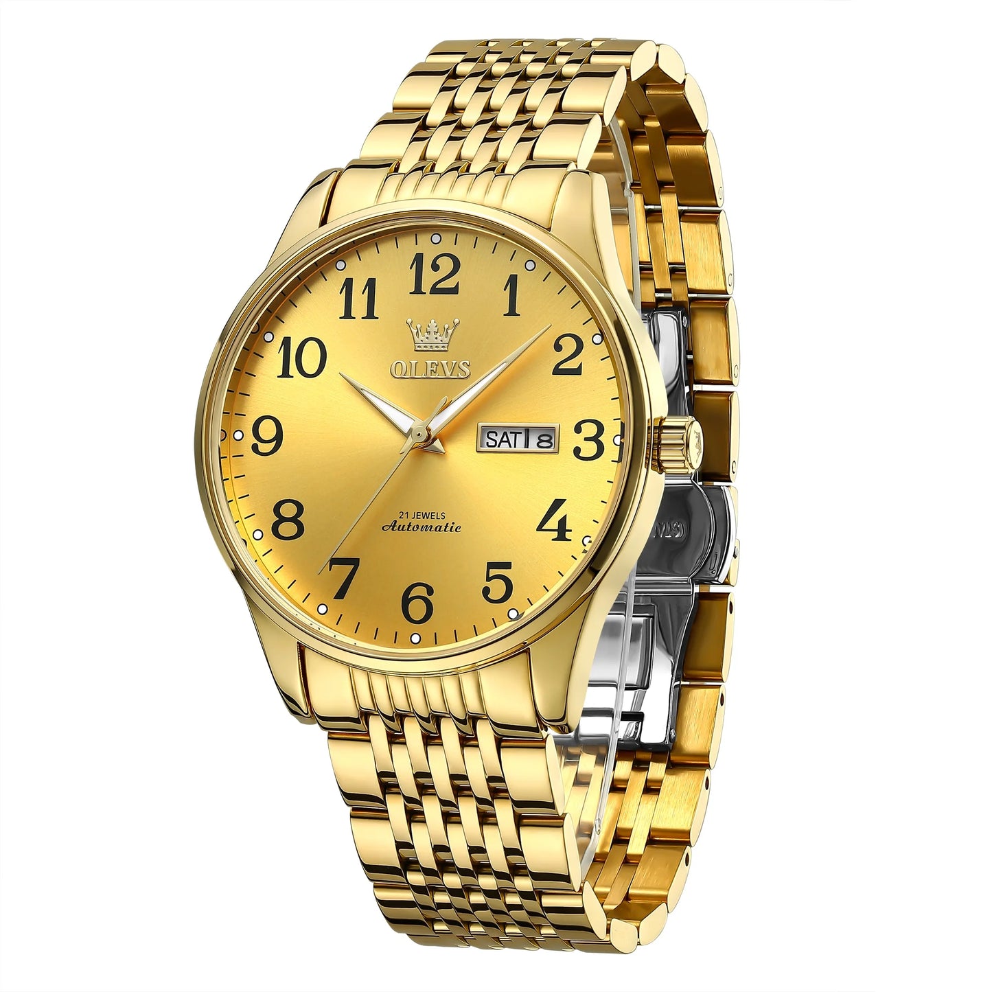 Olevs gold watch for men self winding large face arabic numerals dial easy reader waterproof reloj para hombre, gifts for men, male adult wristwatch