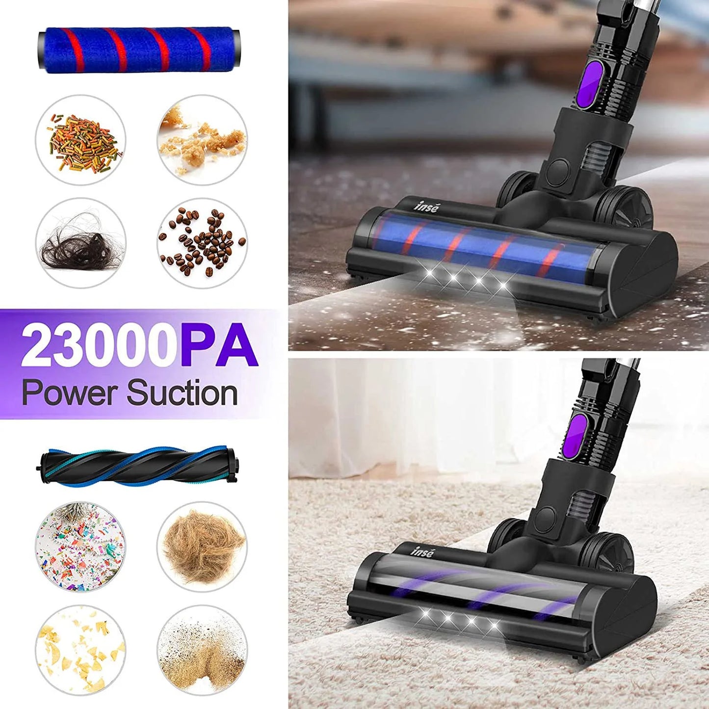 Cordless vacuum cleaner,10-in-1 lightweight handheld,23kpa 250w brushless motor stick vacuum,up to 45 mins runtime 2500mah rechargeable battery for carpet hard floor pet hair - purple