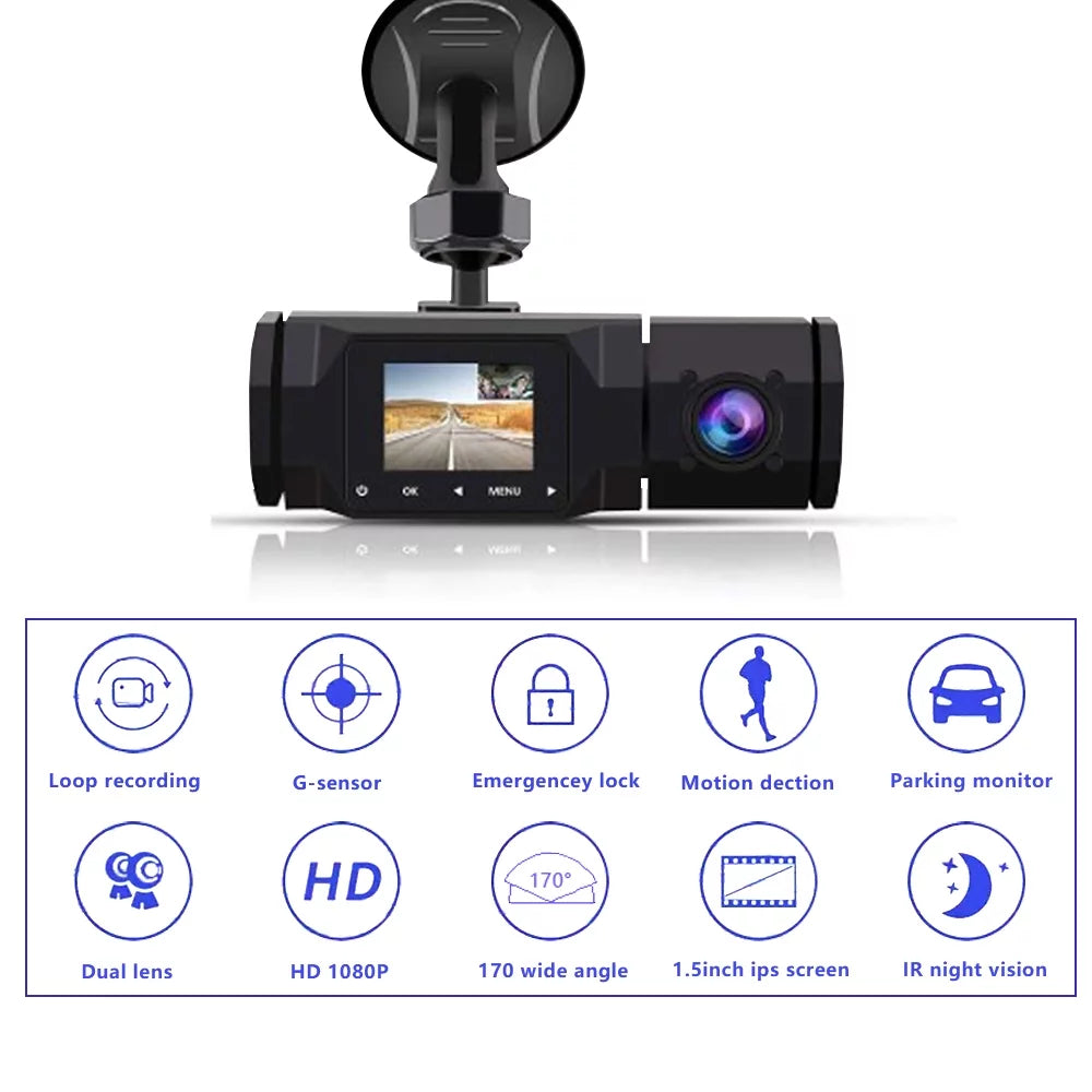 Soatuto dual dash cam 1080p front and cabin car dashboard camera with ir night vision, 2 channel driving recorder motion detection, parking monitoring, accident locked, loop recording, 1.5in ips