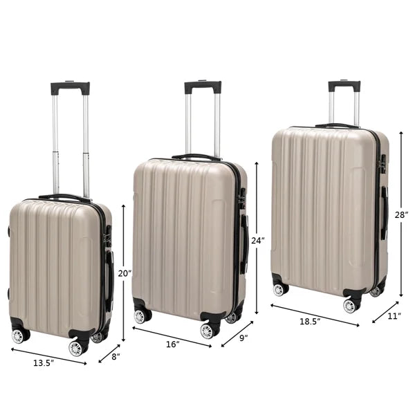 Capri luggage set 3 piece lock spinner wheels luggage carry on suitcase(20/24/28), champagne