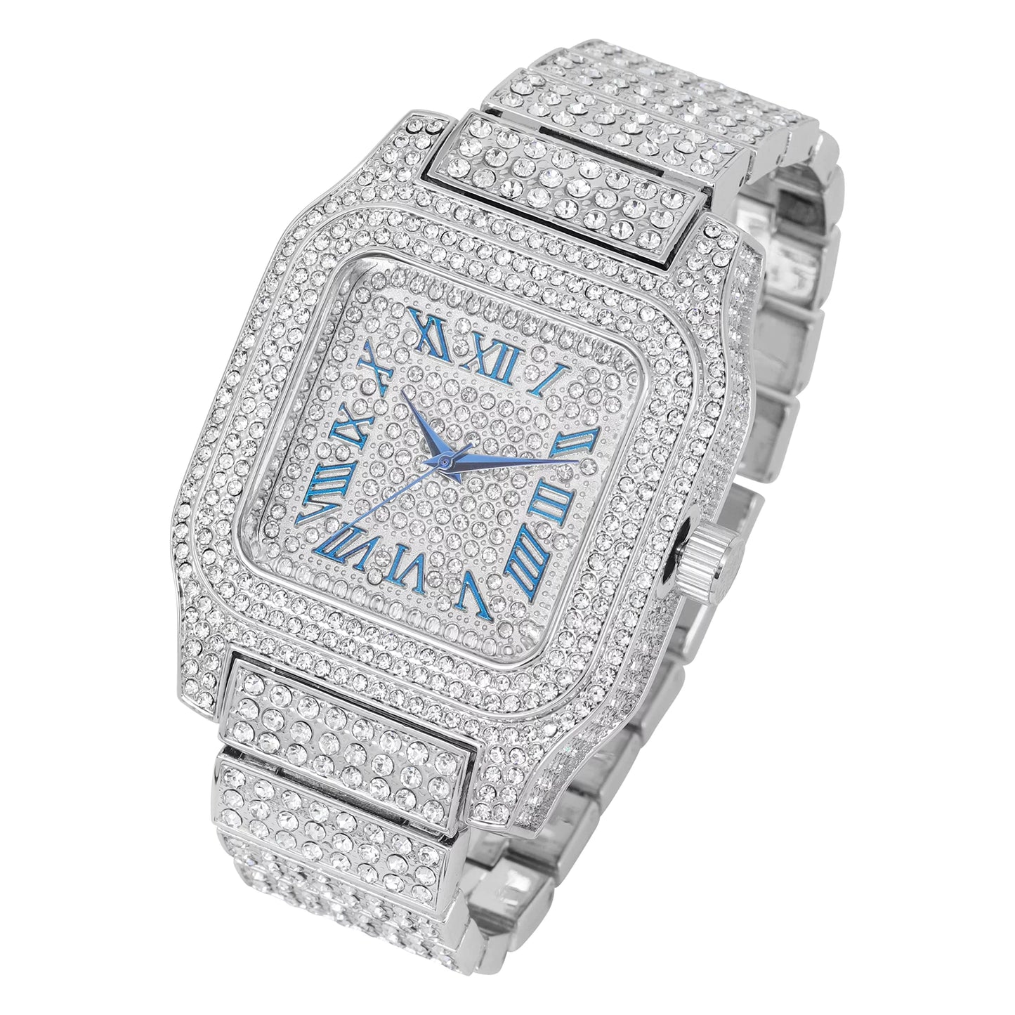 Bling-ed out biggie square iced gold hip hop watch you will hypnotize in a flashy way - 0513sq (silver blue r#)