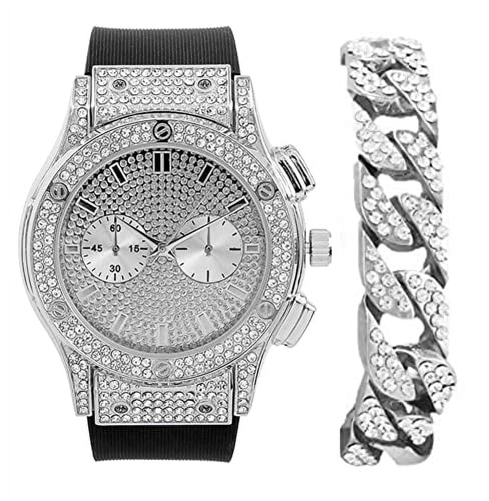 Charles raymond big bling watch inspired by hip hop - mens iced out timepiece - faux chrono eyes - diamond rhinestones on blast - st10311 (silver rubber cuban)