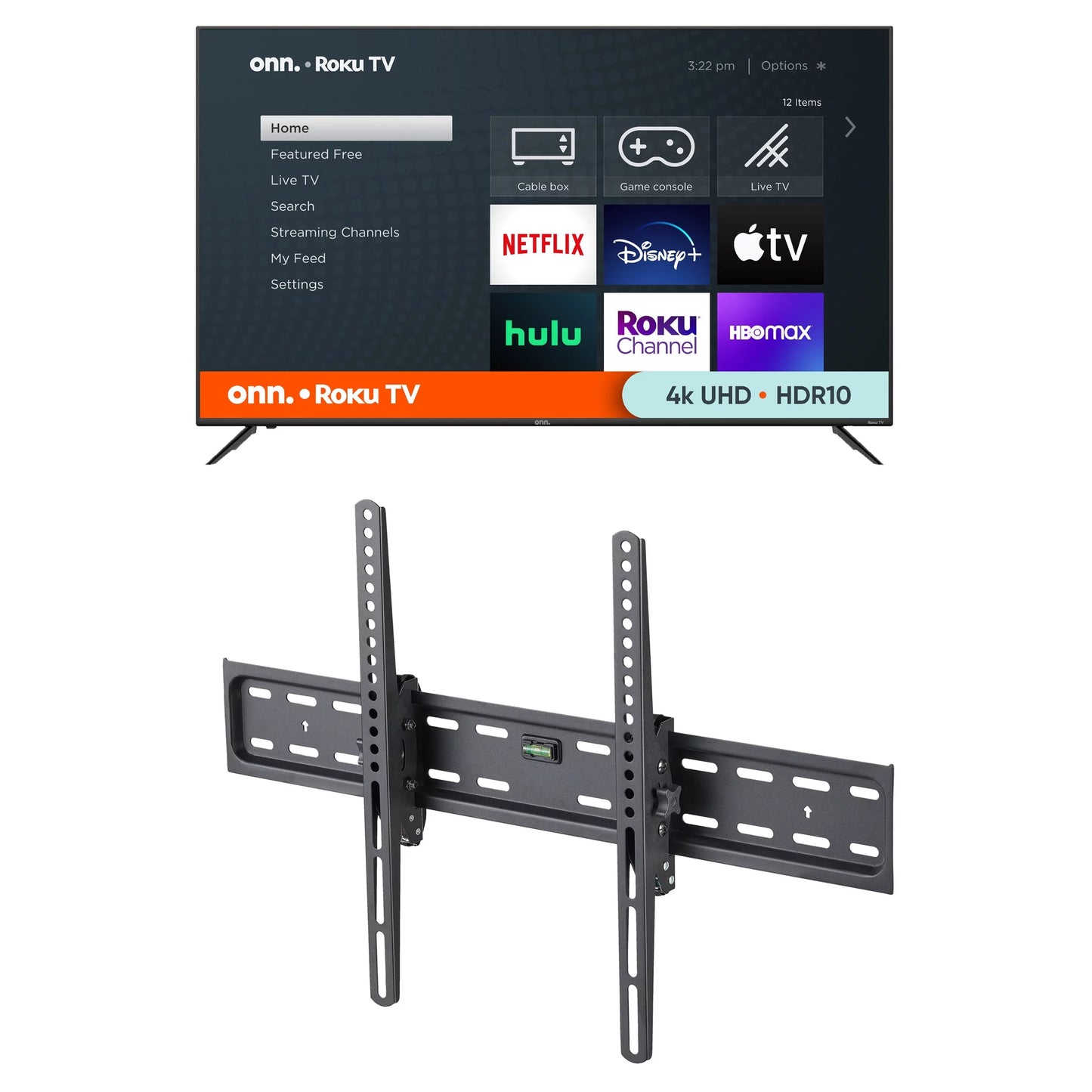 Onn 65" 4k roku 4k with a onn. tilting tv wall mount for 50" to 86" tv's, up to 12â° tilting