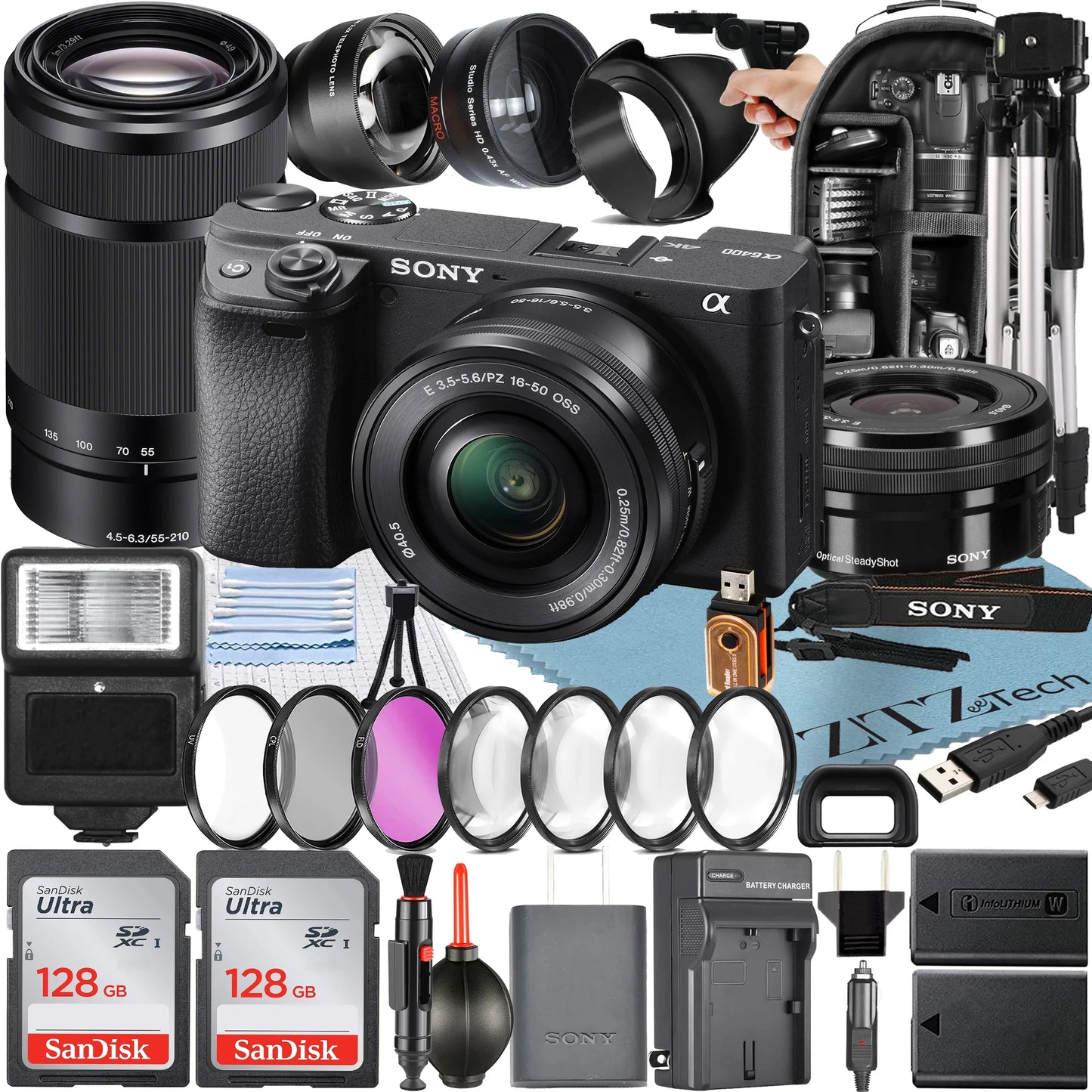 Sony alpha a6400 mirrorless digital camera with e pz 16-50mm + e 55-210mm oss lens + 2 pack sandisk 128gb card + backpack + zeetech accessory bundle