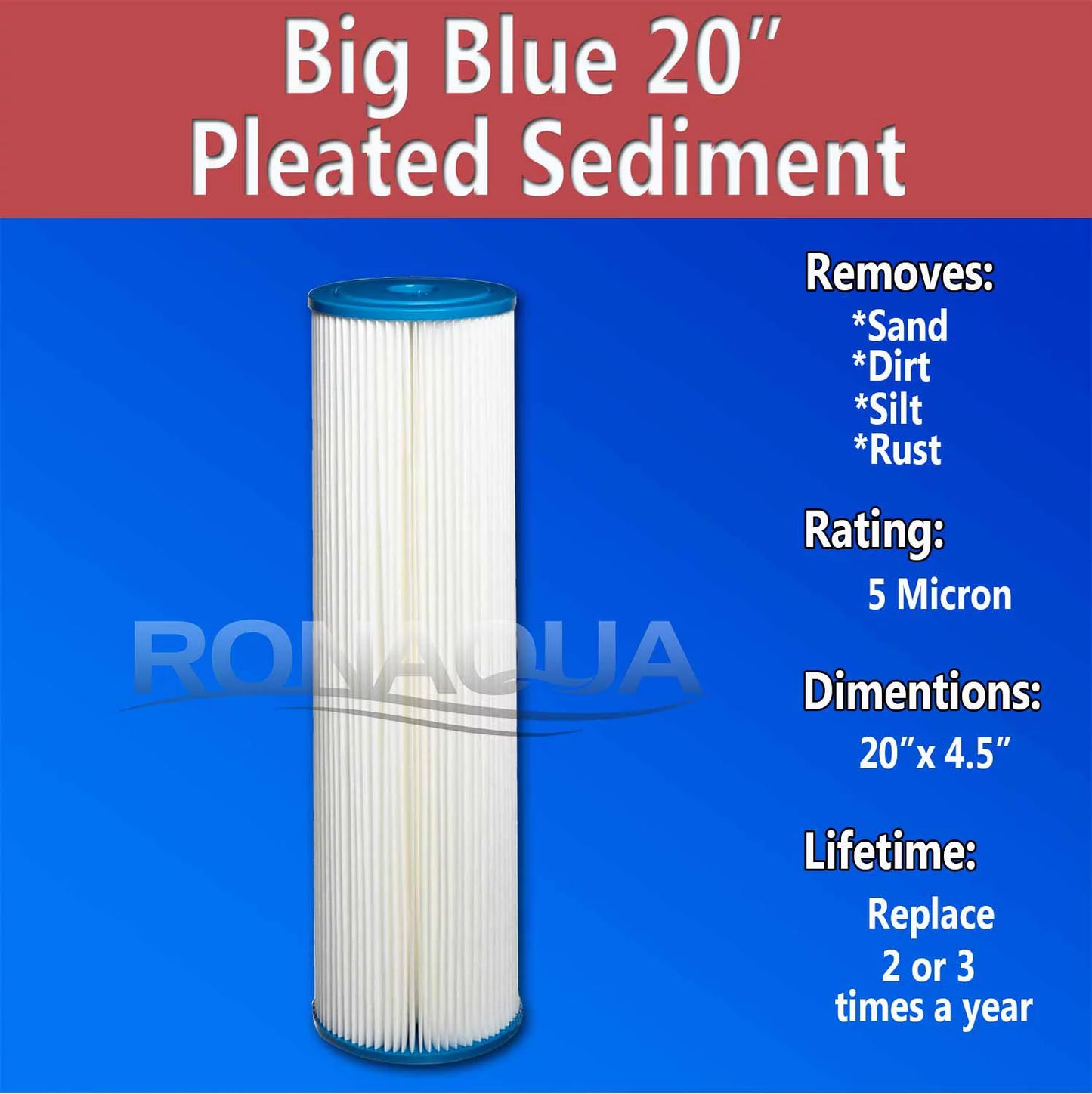 Big blue pleated washable & reusable sediment filter 5 micron amplified surface area, removes sand, dirt, silt, rust, extended filter life for 20" big blue housing, by ronaqua (set of 2)