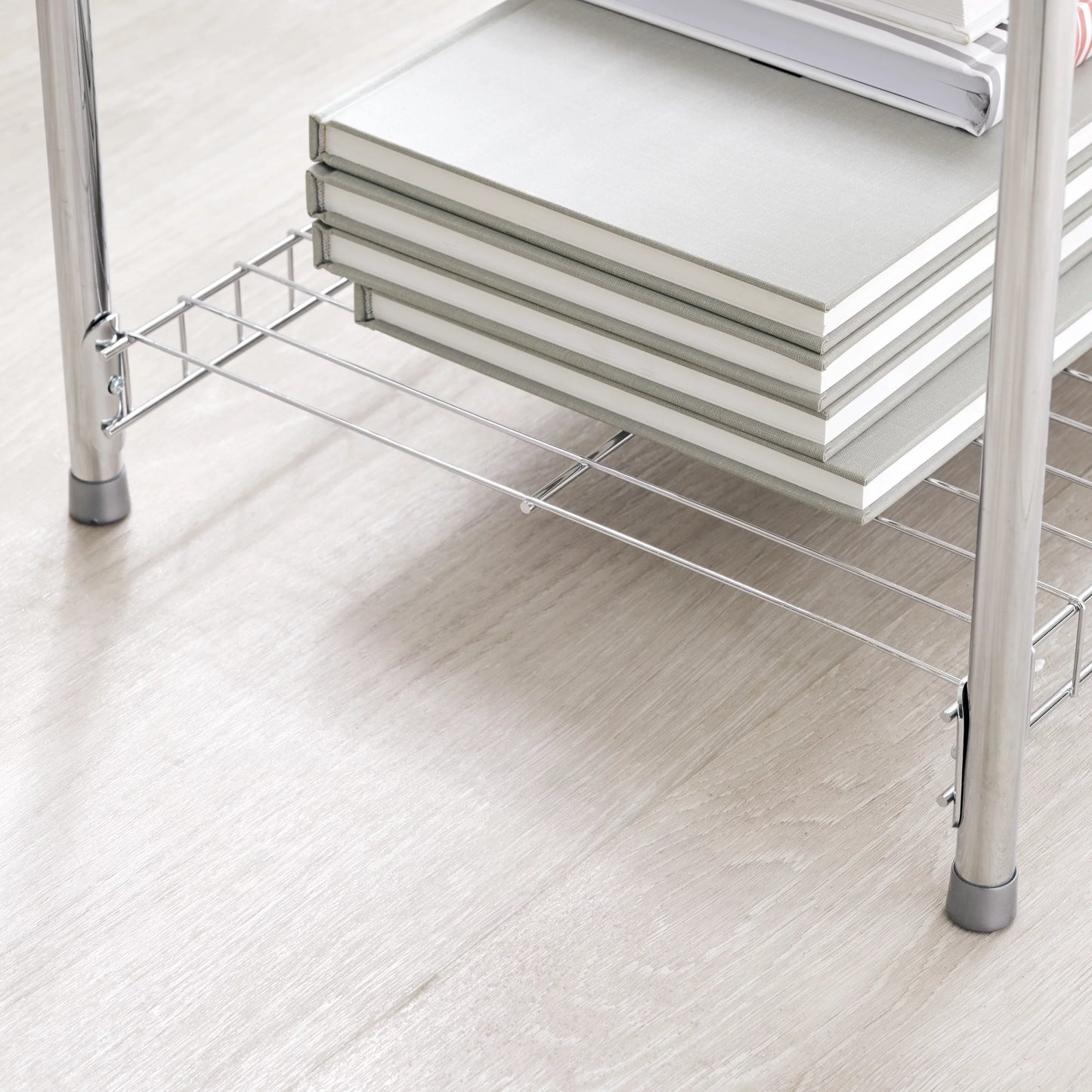 Rubbermaid freestanding 4-tier multipurpose wire shelving unit, satin nickel.