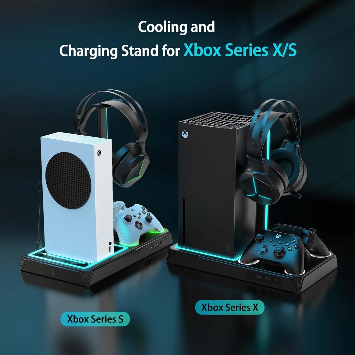 Vertical charging stand with cooling fan for xoriginal packaging series x/s, cooling station dock with 12 games storage organizer, dual controller charger station & headphone holder with 2 x 1400 mah battery packs