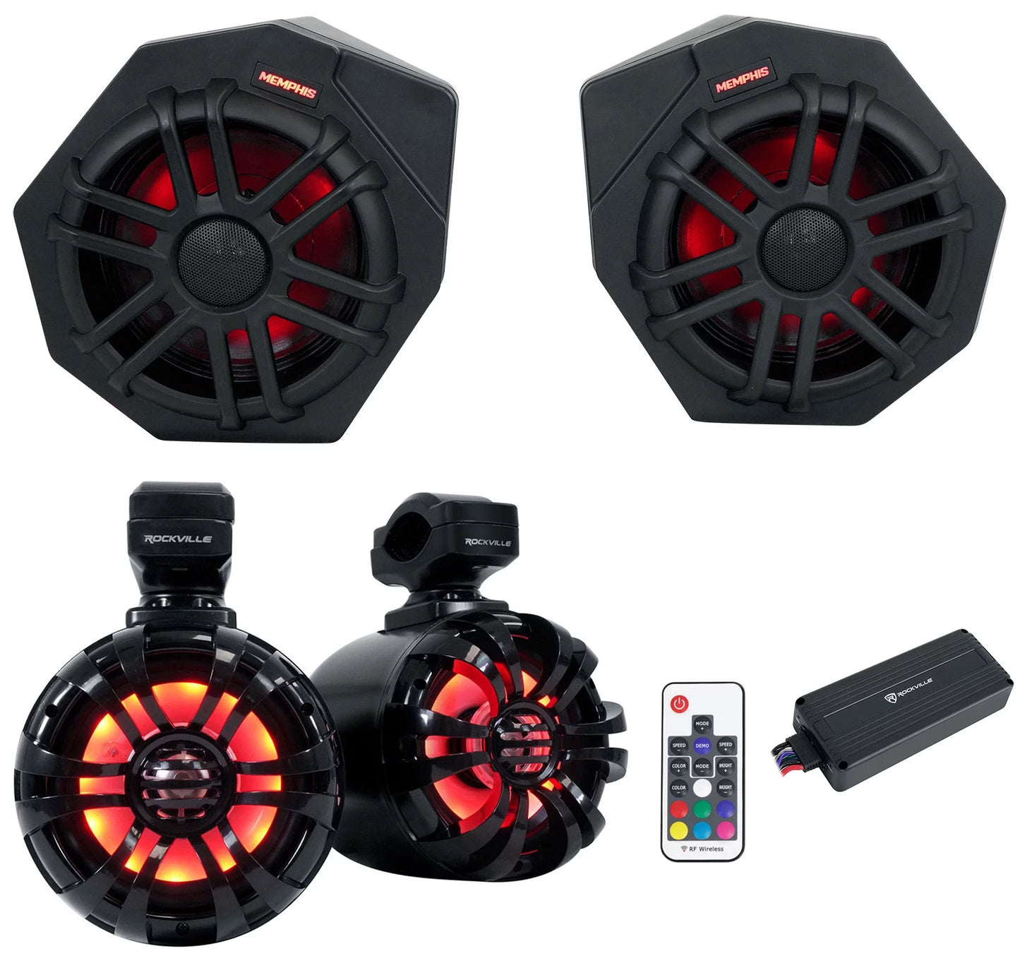 (2) memphis canamx365fe speakers+pods+led tower speakers+amp for 2017+ can am x3