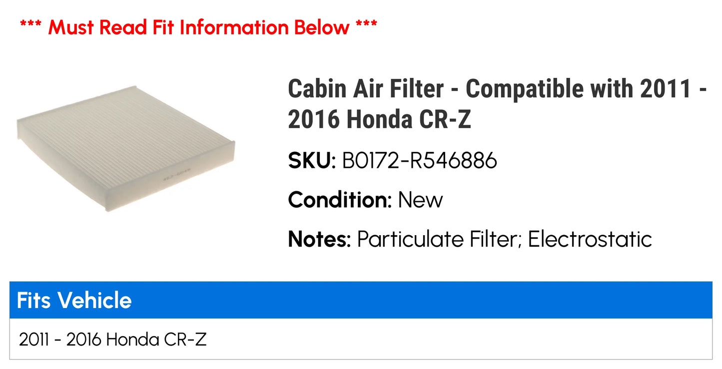 Cabin air filter - compatible with 2011 - 2016 honda cr-z 2012 2013 2014 2015