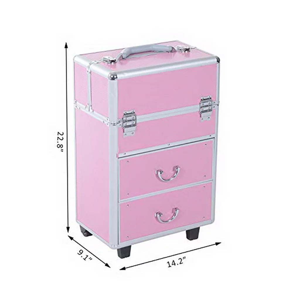 4 tier lockable rolling cosmetic makeup train cases, pink wheels rolling cosmetic case for women, cosmetic organizer makeup case with extendable trays, wrwq852