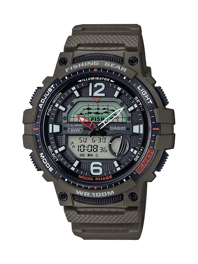 Casio fishing timer and moon graph analog-digital watch, green resin, plastic strap