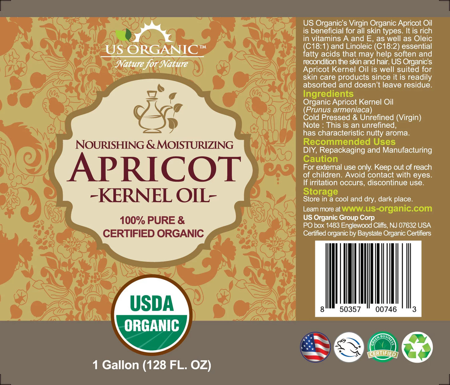 Us organic  apricot kernel oil, 100% pure certified usda organic, 128 oz (1 gallon)